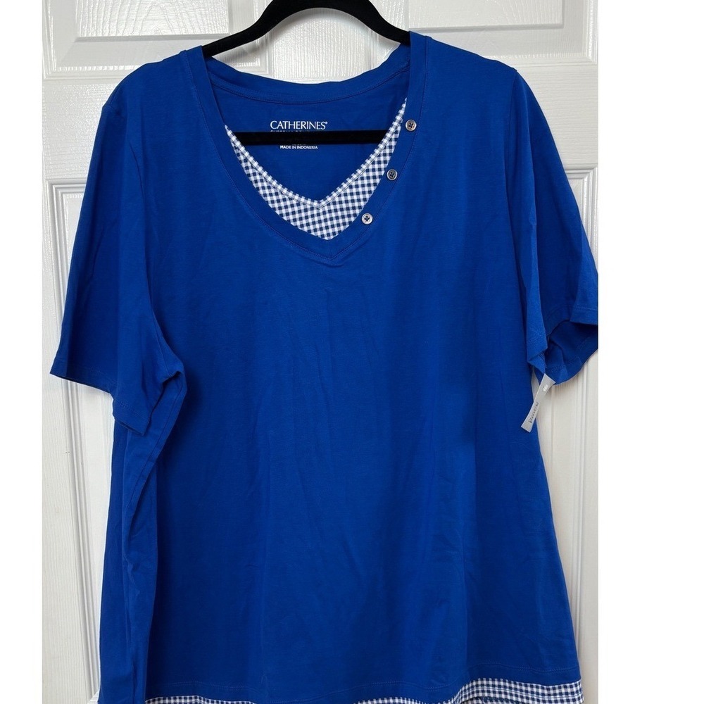 Catherines Suprema Collection Blue Gingham Trim Layered V-Neck Top 1X 18/20W NEW